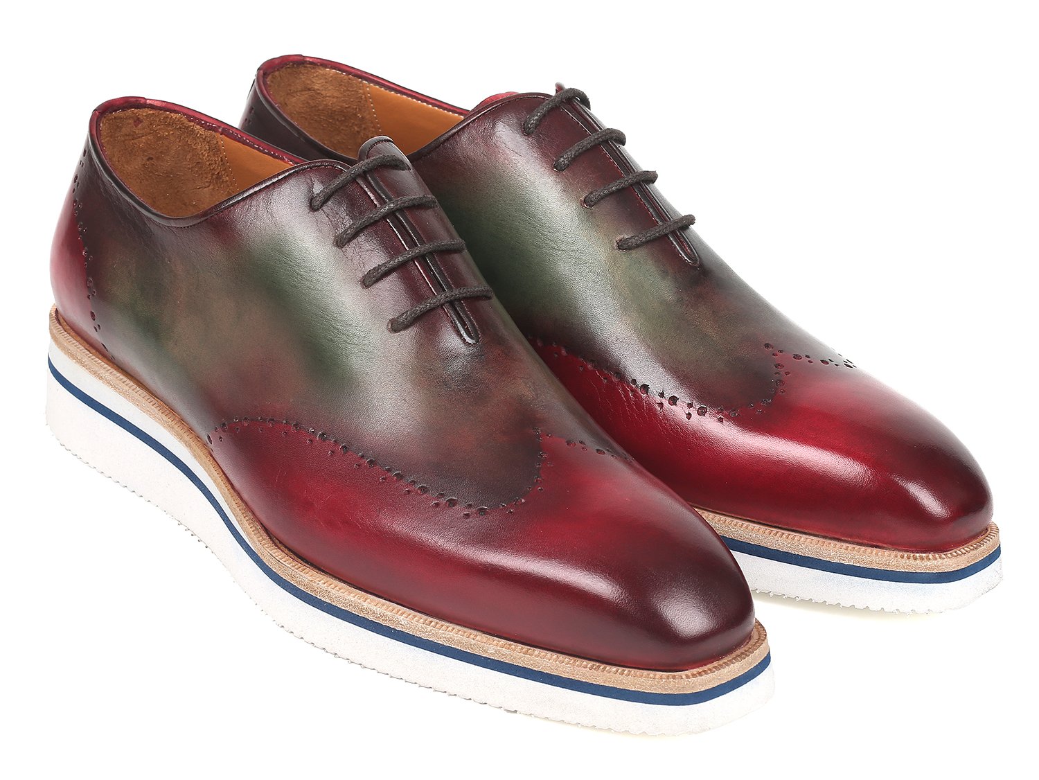 Paul Parkman "187-BRD-GRN" Bordeaux / Green Genuine Calfskin Casual Wingtip Oxfords Shoes .
